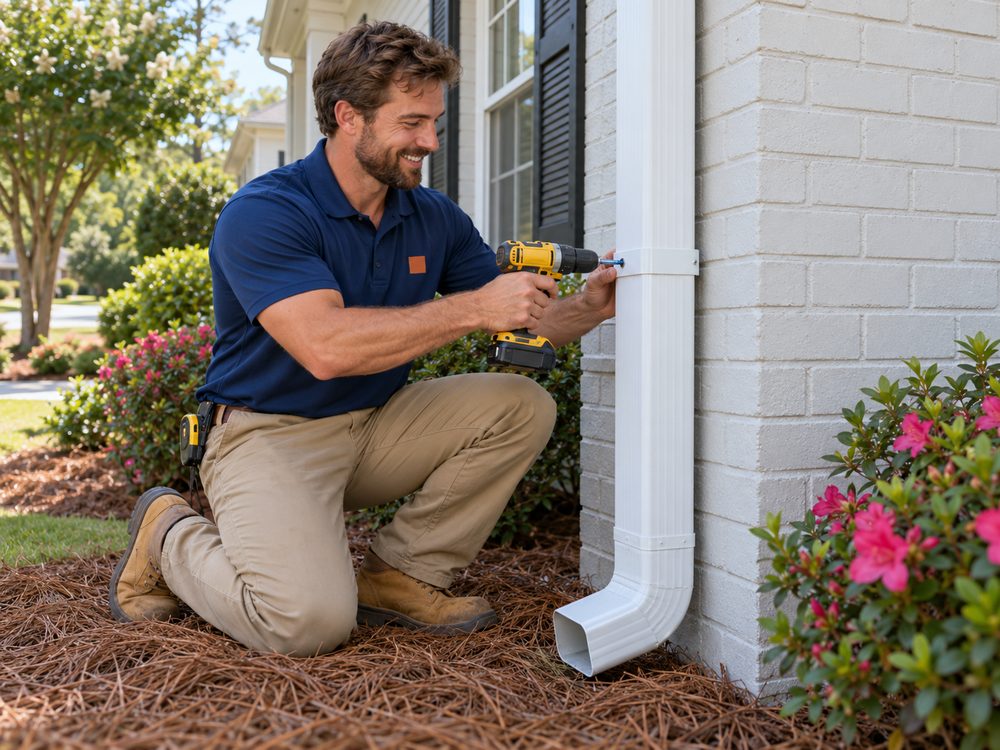 Installer fastening a large white 3x4 inch downspout to the corner of a painted brick house above a pine straw bed