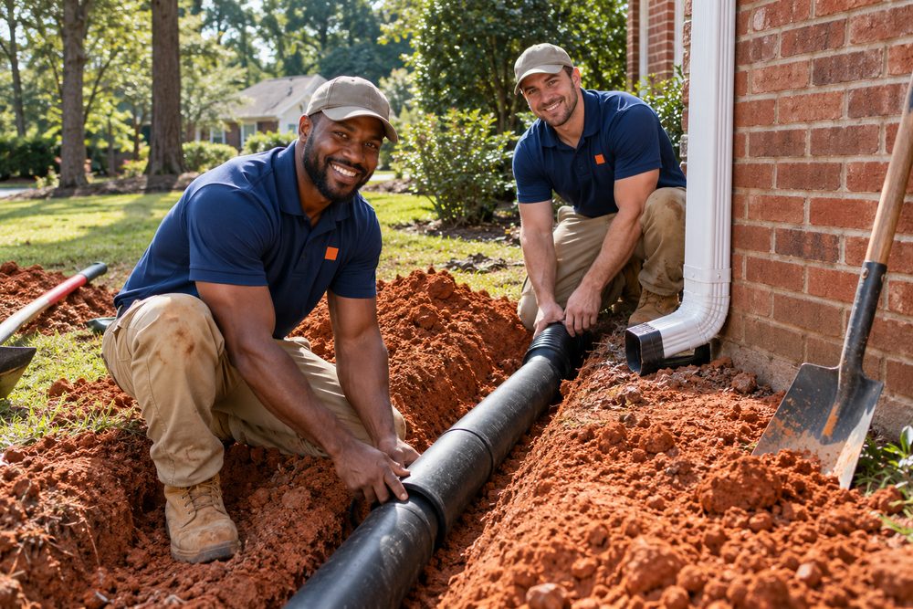 Two crew members laying black drain pipe in a trench cut through red Carolina clay from a downspout