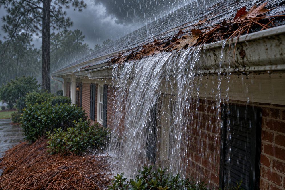 Rain pouring over the front of an old gutter clogged with pine needles and oak leaves during a summer downpour