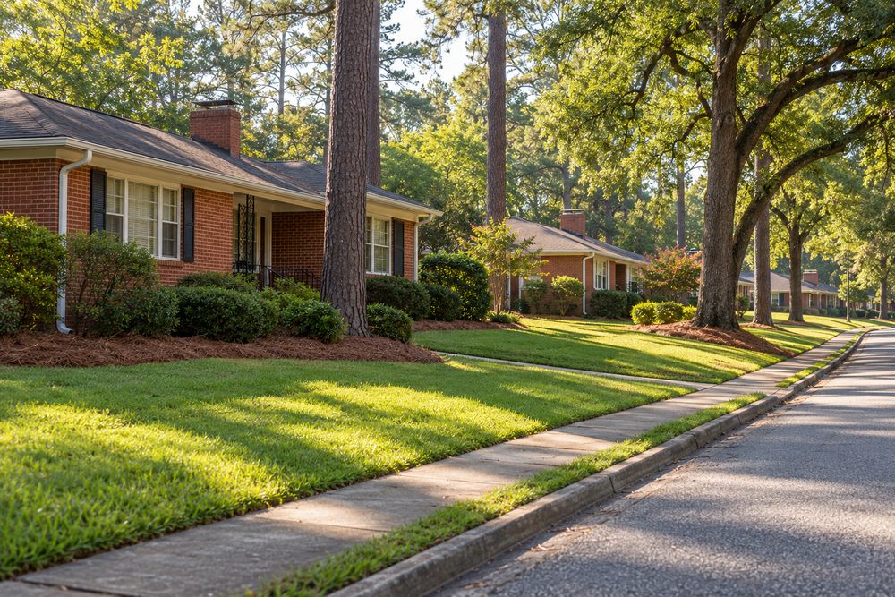 Quiet street of 1950s and 1960s brick ranch houses under loblolly pines and water oaks