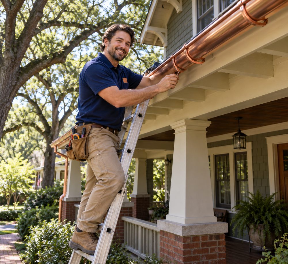Craftsman on a ladder fitting a copper half-round gutter with round hangers to a 1920s bungalow eave