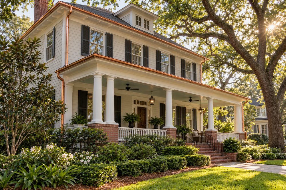 Restored 1920s two-story home with new copper half-round gutters and round copper downspouts