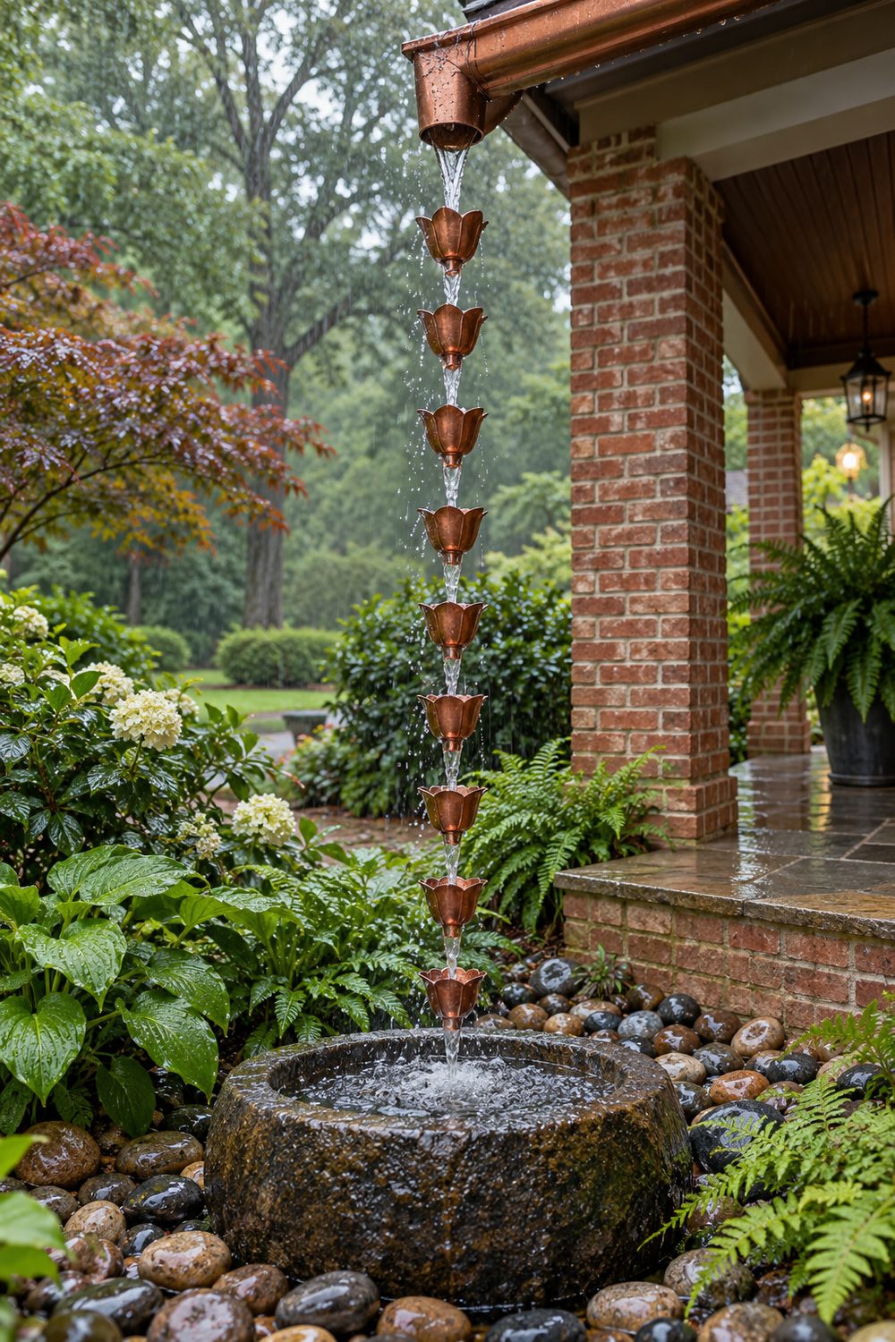 Copper rain chain hanging from a gutter outlet into a stone basin set in river rock and ferns