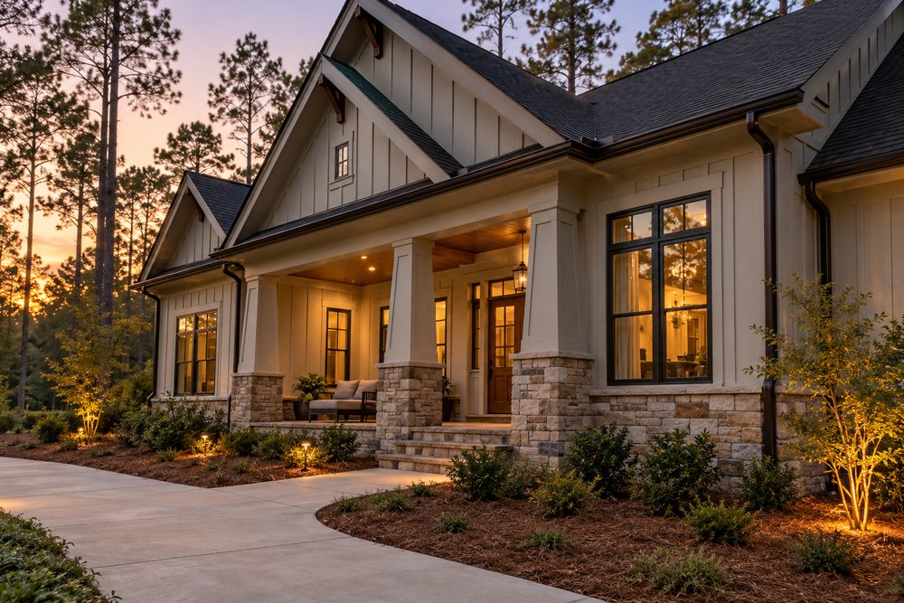 Craftsman-style home with board-and-batten siding and dark bronze seamless gutters and downspouts