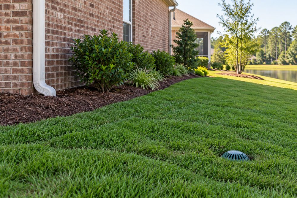Green pop-up drain emitter in a lawn several yards from a brick house, fed by a buried downspout line