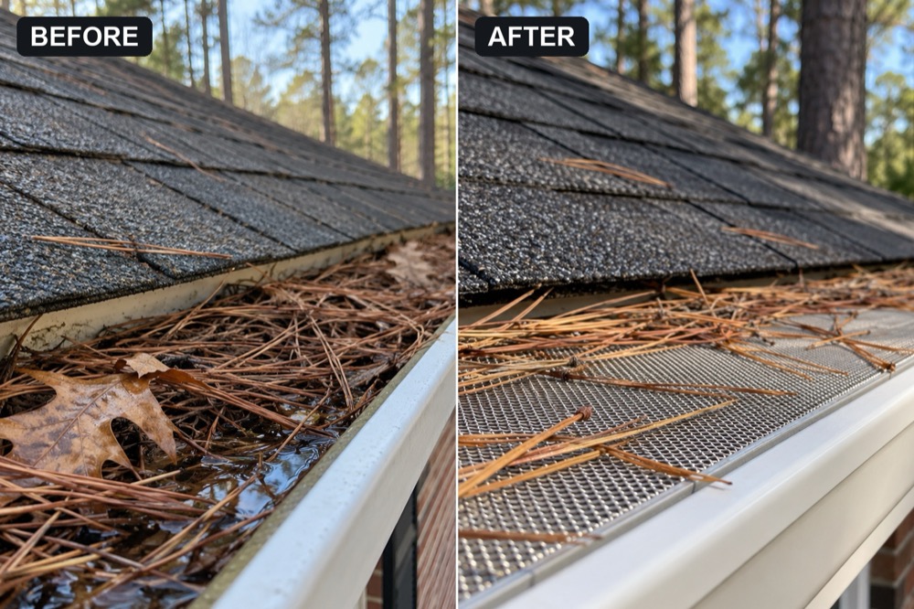 Before and after: an open white gutter clogged with pine needles and standing water, beside the same gutter covered by a stainless micro-mesh guard with pine needles resting on top