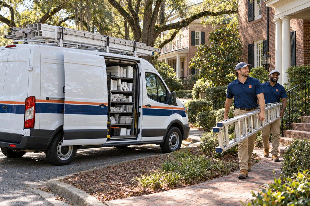 White work van with a navy stripe and a roof rack of ladders and downspouts parked on a tree-lined street