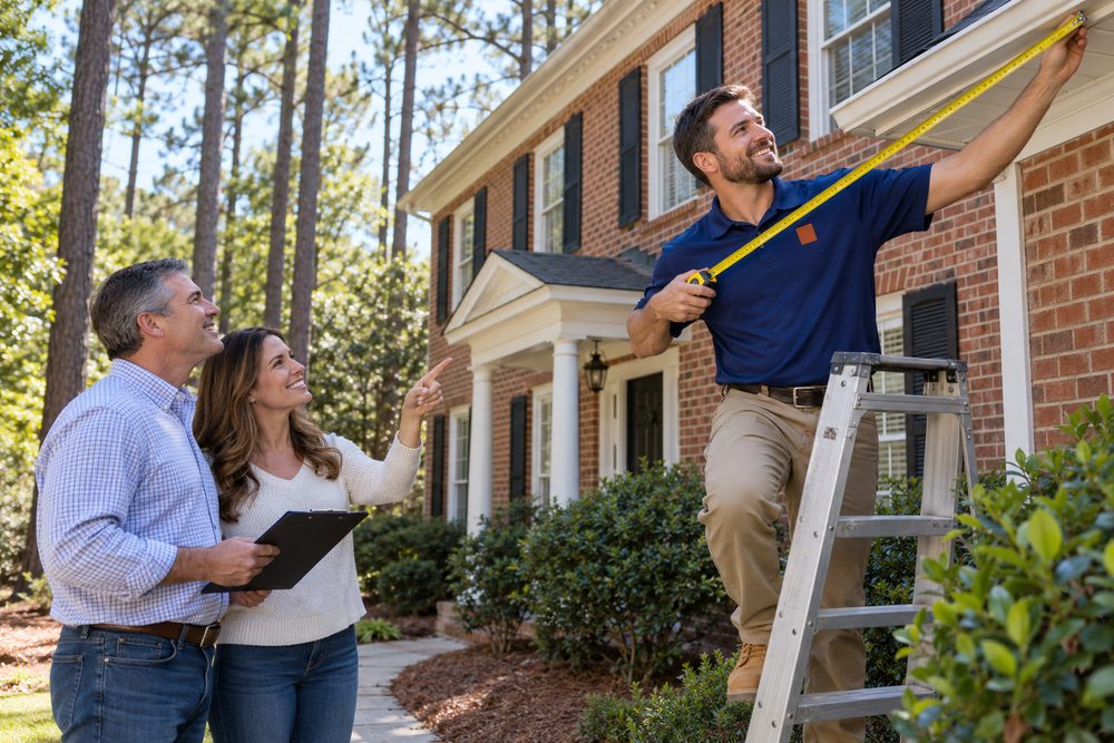 Estimator measuring a brick colonial's eave with a tape while two homeowners point at the roofline