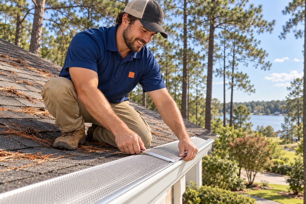 Installer kneeling on a shingle roof edge snapping a stainless micro-mesh guard onto a new gutter, pine needles on the roof