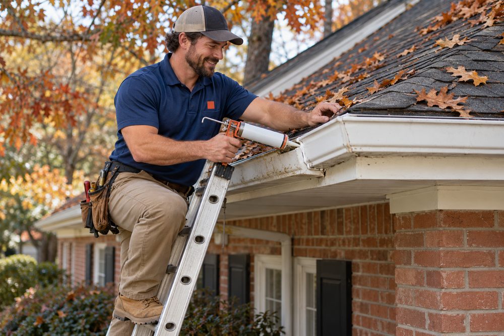 Technician on a ladder re-securing a sagging white gutter with hidden hangers and sealing a corner seam