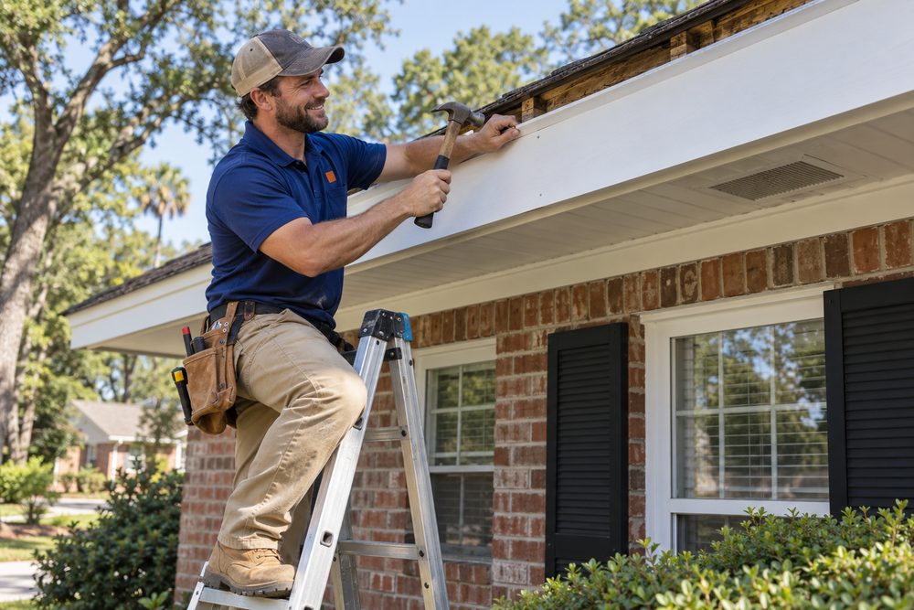 Carpenter nailing a new primed fascia board where rotted wood was cut out before new gutters go up