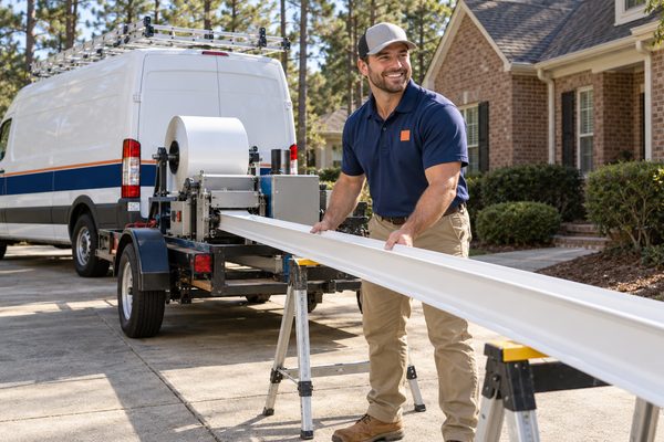 Smiling technician feeding a fresh white K-style gutter run out of a seamless gutter machine on a trailer behind the work van