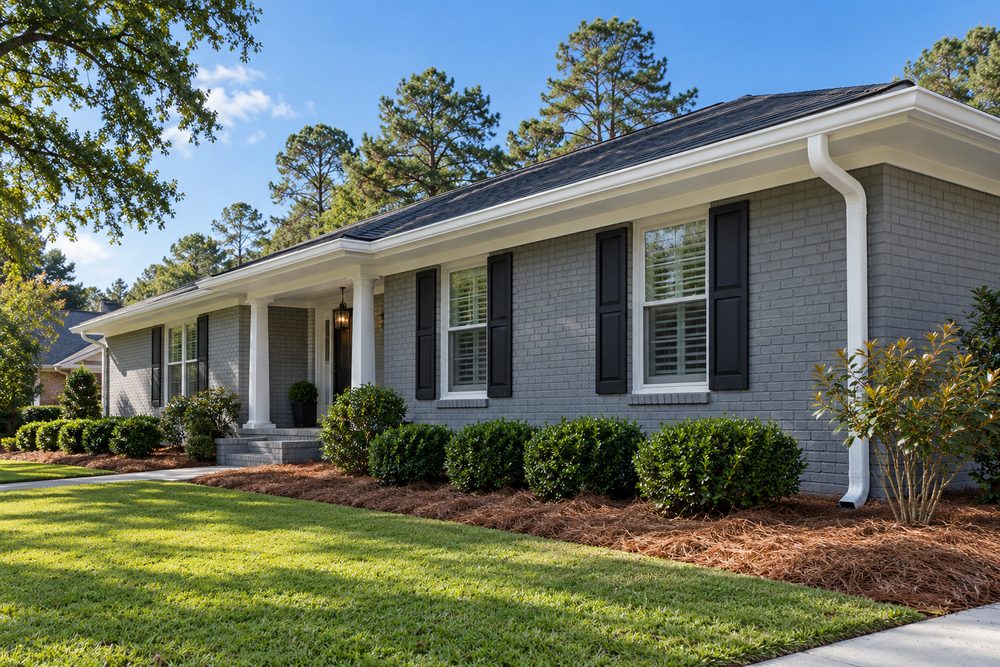 Gray painted brick ranch with new white six-inch seamless K-style gutters and corner downspouts